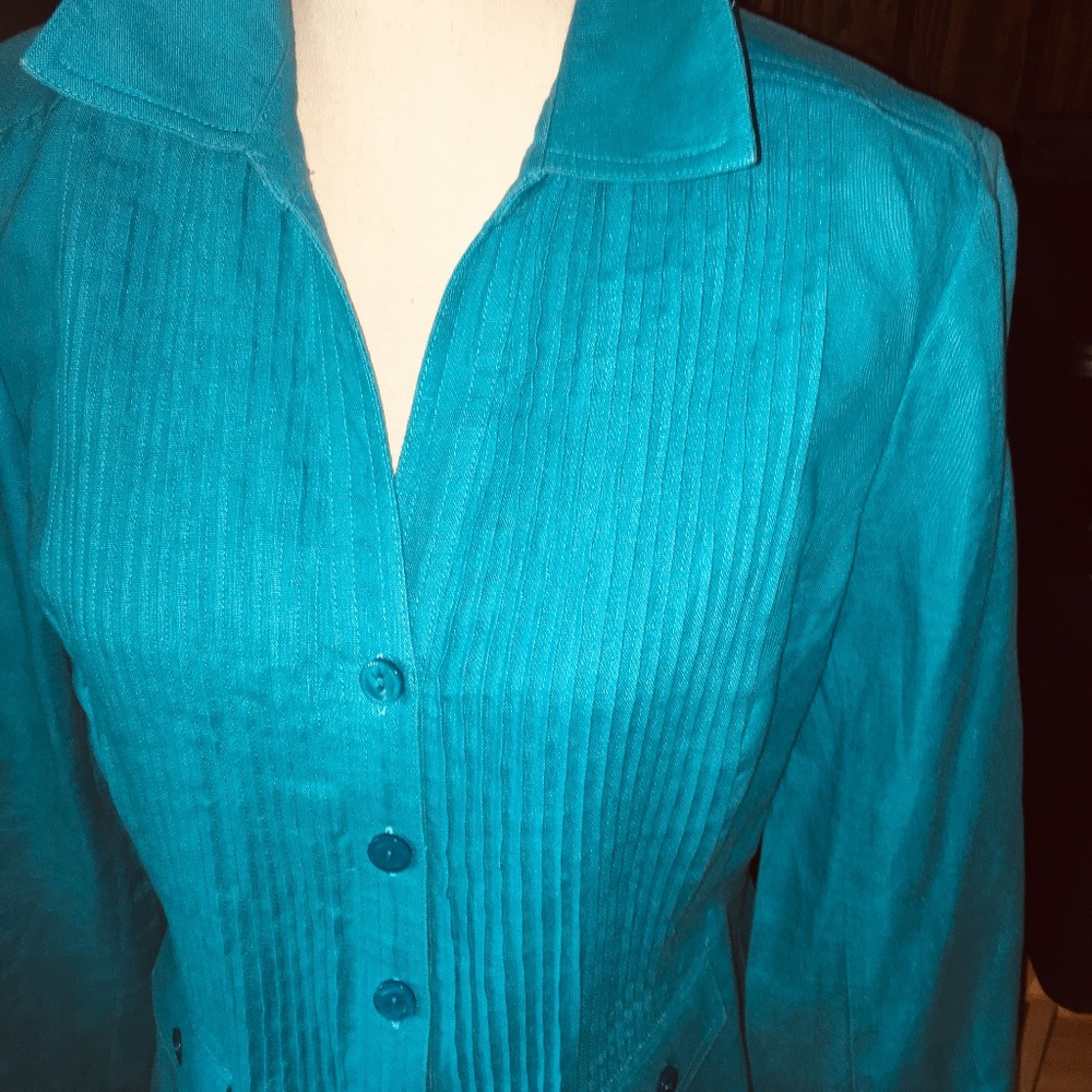 Jones New York 100% Linen Pleated Blazer in Teal